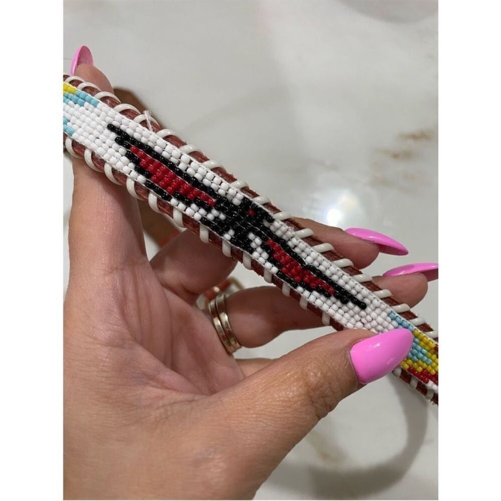 Vintage Beaded Leather Belt Western Native American Thunderbird size small